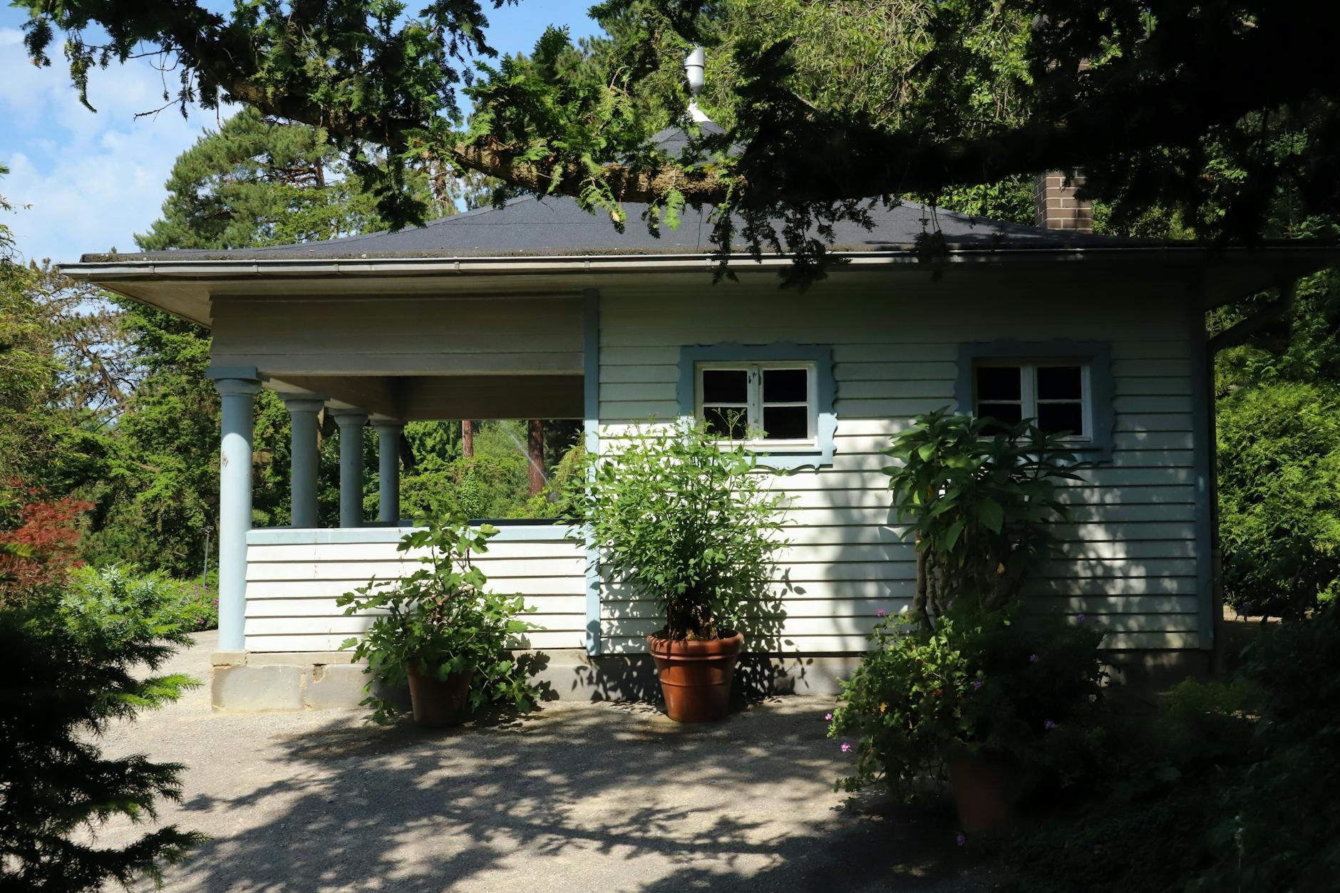 Domek letniskowy wśród zieleni w słoneczny letni dzień