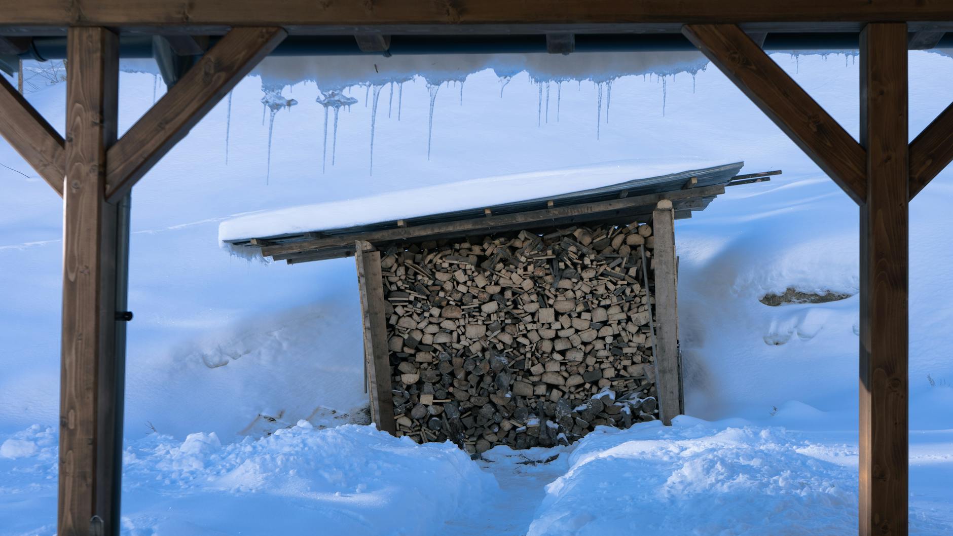 Stos drewna opałowego przykryty śniegiem w zimowym ogrodzie