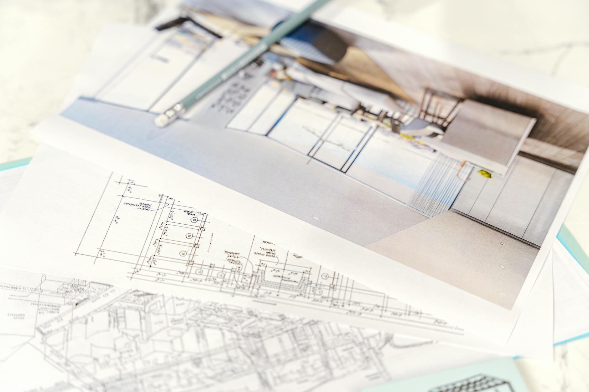 Zbliżenie projektu 3D i planów technicznych domu modułowego na biurku